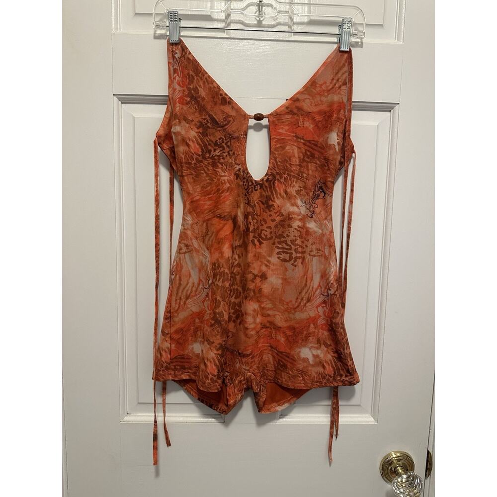 Y2K Boho Tie Back Romper Orange Brown Abstract Keyhole Women’s Small Festival